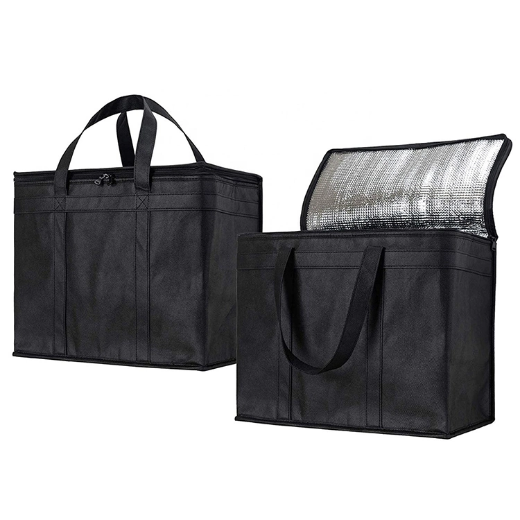 Black Large Size Non Woven Cooler Bag Foldable Food Delivery Bag Picnic Time Thermal Non Woven Cooler Bag Zipper Insulated Cooler Bag